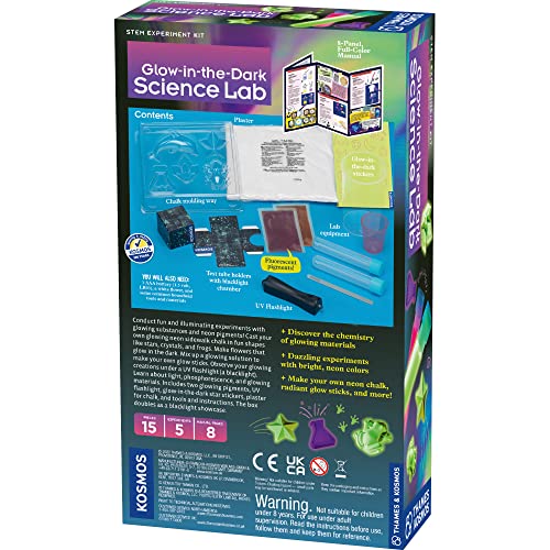Thames & Kosmos Glow-in-The-Dark Science Lab STEM Experiment Kit | 5 Fun, Safe Activities with Glowing Substances & Neon Pigments! | DIY Glow Sticks, Neon Chalk & More | Includes UV Flashlight