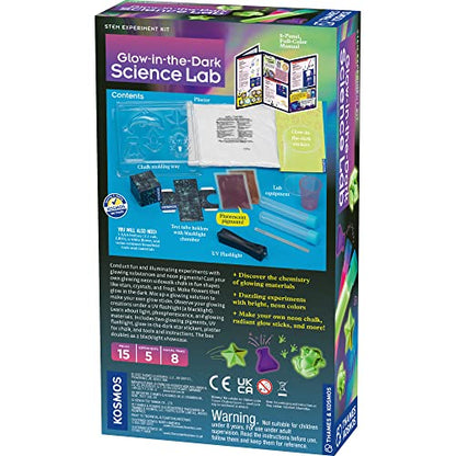 Thames & Kosmos Glow-in-The-Dark Science Lab STEM Experiment Kit | 5 Fun, Safe Activities with Glowing Substances & Neon Pigments! | DIY Glow Sticks, Neon Chalk & More | Includes UV Flashlight