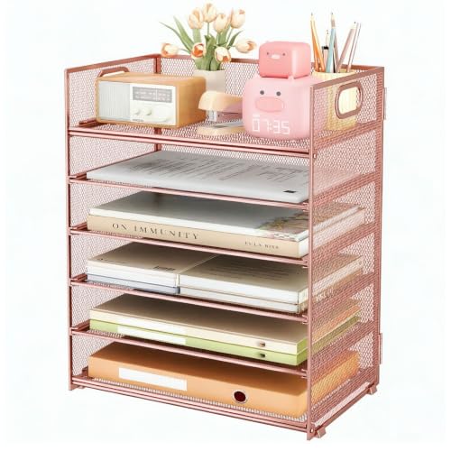 6 Tier Paper Organizer with Handle,Construction Teacher Desk Decor,Rose Gold - color: Rose Gold