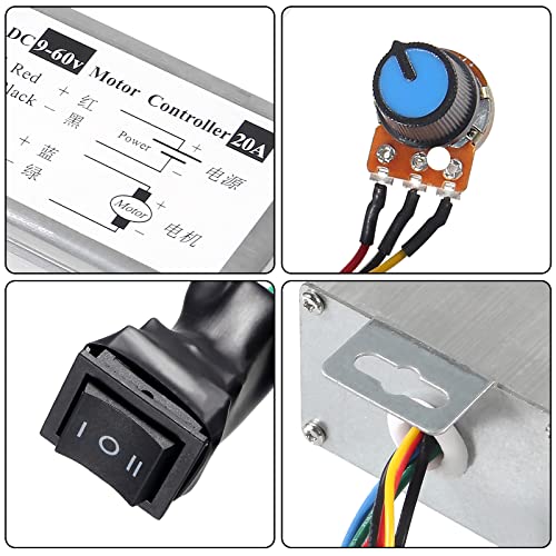 2pcs DC Motor Speed Controller, Brush Motor Driver Controls Module DC 9V-60V 12V 24V 36V 48V 60V Motor Pulse Width Modulator Regulator 20A 1200W PWM Monitor Dimmer Governor with Switch & Knob