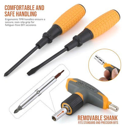Hi-Spec Magnetic T-Handle Ratchet Wrench and Screwdriver Set with Toolbox - color: Pale Yellow