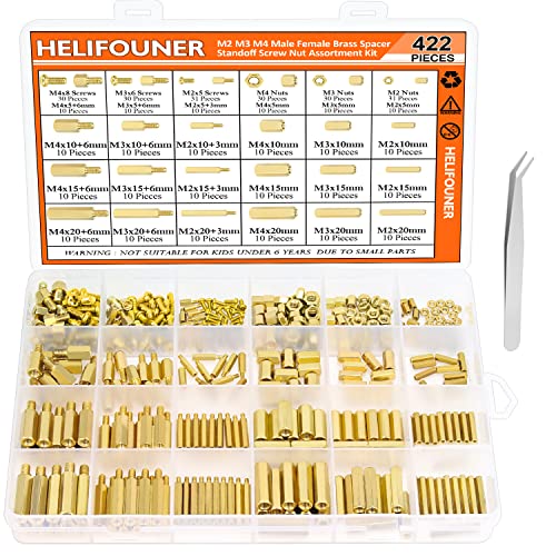 HELIFOUNER 422 Pieces M2 M3 M4 Male Female Hex Brass Spacers Standoffs Screws Nuts Assortment Kit, Threaded Pillar for Printed Circuit Board Motherboard - size: M2 M3 M4 Brass Standoff Set