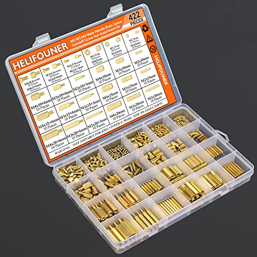HELIFOUNER 422 Pieces M2 M3 M4 Male Female Hex Brass Spacers Standoffs Screws Nuts Assortment Kit, Threaded Pillar for Printed Circuit Board Motherboard - size: M2 M3 M4 Brass Standoff Set