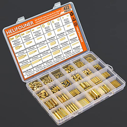 HELIFOUNER 422 Pieces M2 M3 M4 Male Female Hex Brass Spacers Standoffs Screws Nuts Assortment Kit, Threaded Pillar for Printed Circuit Board Motherboard - size: M2 M3 M4 Brass Standoff Set