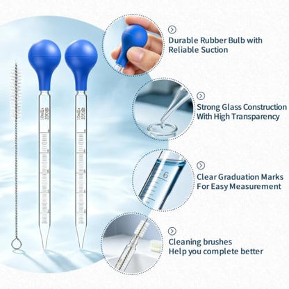2 Pcs Glass Pipettes Dropper, 10ml Graduated Glass Pipette, Liquid Droppers with Cleaning Brush, Liquid Transfer Pipette for Essential Oil, Laboratory Use