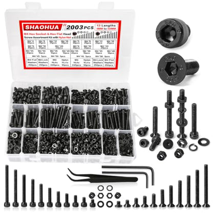 2002Pcs M4 Hex Socket & Flat Head Bolts and Nuts with Nylon Nuts - size: L. M4