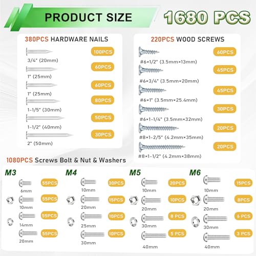 1680pcs Nails and Screws Assortment Kit,3/4"-2" Hardware Nails,M3/M4/M5/M6 Machine Screws,#6#8 High Hardness Wood Screws,Assorted Screws, Common Nails with Handheld Box - size: 1680PCS