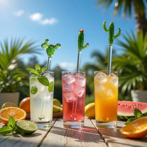 Homestia 3 Pieces Glass Swizzle Sticks with Cactus Decor, Drink Stirrers - color: 3 PCS + 6" / 6.8" / 7.7" + Glass Cactus Stirrer Set
