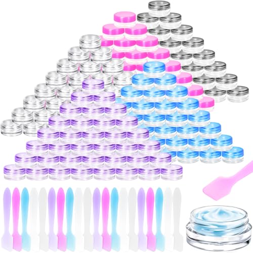 200 Pcs 3g Empty Plastic Containers with Lids,Tiny Makeup Sample Containers Small Pot Jars Clear Round Cosmetic Jars with Mini Spatulas for Lotion Liquid Sample Powder Creams (Colored Lid) - color: Colored, size: 200PCS