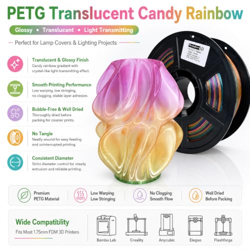 PETG Translucent Candy Rainbow Filament 1.75mm, Glossy Multicolor Gradient 3D Printer Filament for Lamp Covers and Lampshades, Bubble-Free, Low Warping, Low Stringing, No Tangle,1kg - color: Petg-trans-candy