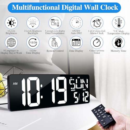 17.2"Large Digital Wall Clock Large Display with Remote Control 180°Visible - color: White