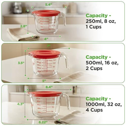 NutriChef 1,2 and 4 Cups Glass Measuring Cup Set with Lids (8, 17 and 34 oz) - Heat-Resistant Borosilicate Liquid Measure Cups with Easy-Read Scale for Cooking, Baking & Food Storage, Dishwasher Safe - size: 3 pc set with lids