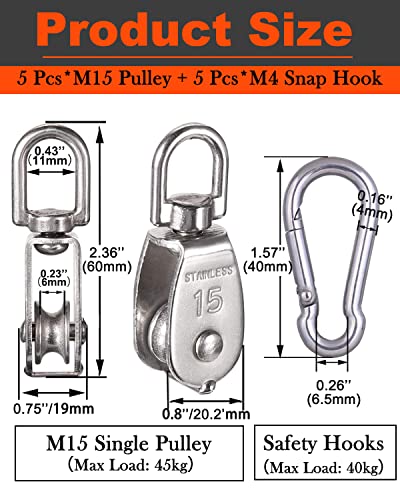 5 Pcs M15 Single Pulley Block, 304 Stainless Steel Lifting Crane Pulley - style: 5*M15 Pulley/Hook