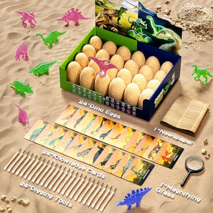 24 Glow in The Dark Dinosaur Eggs, Excavation Kit with Magnifier - style: 24 Dinosaur Eggs(Glow in The Dark)
