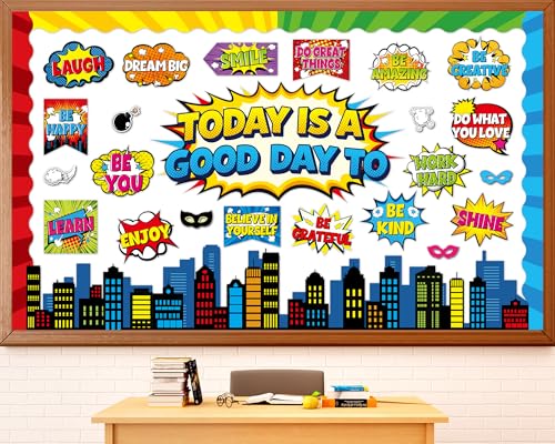 Hero Themed Mental Health Bulletin Board Set Motivational Classroom Decor Today is Good Day Inspirational Affirmation Super Themed Cutouts for Back to School Party Classroom Chalkboard Wall Door Decor - style: Today is Good Day to