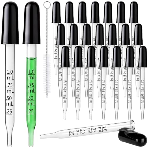 24 Pcs Eye Droppers 1ml Straight Tip, Thick Glass Pipette Droppers for Ear & Eye Drops, Essential Oils, Medicine, Pet Feeding, Lab, Crafts & Paint Mixing