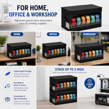 3D Printer Filament Storage Box 2-Pack - Filament Storage Container, Filament Dry Box & Waterproof Storage Box with Flip Lid, Label Slot, Foldable Filament Storage Cabinet for PLA ABS PETG TPU
