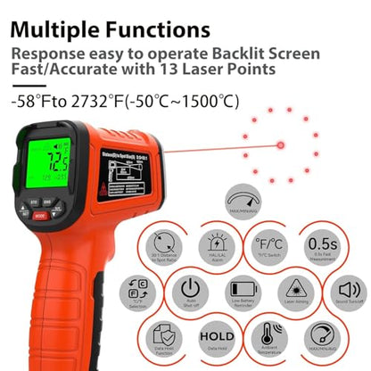 Infrared Thermometer Gun, 2732°F, 50:1, HVAC Grill Pizza Oven - color: Orange 2732°F