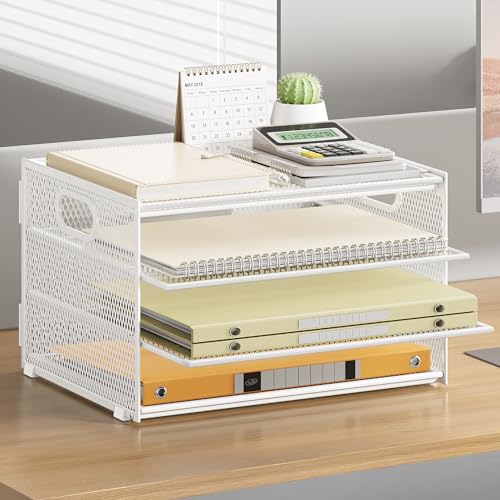 4 Tier White Paper Organizer with Handle,Letter Tray Desk Sorter - color: White, size: 12.7" x 9.3" x 7.5"