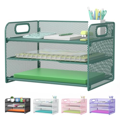 Samstar 3 Tier Green Letter Tray Paper Organizer with Handle, Mesh Desk Organizer Paper Sorter File Rack Shelves, Green - color: Green