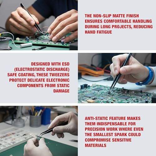 Precision Tweezers Set, 5PCS Upgraded Anti-Static Stainless Steel ESD Tweezers Kit for Electronics Repair, Soldering, Laboratory Work, Jewelry-Making, Model Building, Crafts with Storage Bag