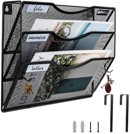 BOHDK Wall File Organizer, 3 Tire Hanging File Folder Mail Organizer, Vertical Mesh Metal Door/Wall Mount Hanging File Holder, Paper Document Magazine Rack with Hooks for Home Office Black