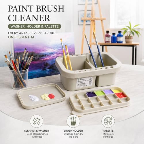 WUWEOT 3 Pack Multi-Use Paint Brush Basin Paint Brush Tub, Plastic Paint Brush Washer, Cleaner and Holder, 18 Palette Wells, Lid for Indoor Outdoor Watercolor Oil Acrylic Gouache Painting