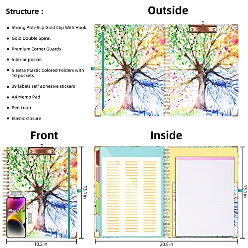 Ospelelf Clipboard with Storage 8.5 X 11，Padfolio Organizer, Spiral Portfolio Letter Size with Notepad, Pen Holder, 5 Extra Folder Divider Pages, Elastic Closure Nurse Office Essentials (Tree Seasons) - color: Tree Seasons
