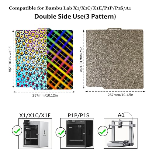 2pcs with 3 Patterns Smooth Kaleidoscope+Skynet Build Plate &Textured PEI Sheet 257x257mm, Double Sided Flexible 3D Printer Platform for Bambu Lab X2D/P2S/A1/X1/X1C/X1E/P1P/P1S 3D Printers - color: H5H&PEI(2PC)