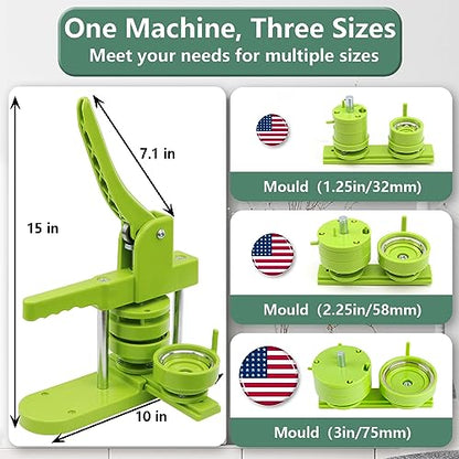 Happizza Button Maker Machine Multiple Sizes, Pin Maker Machine 1.25+2.25+3 inch, Interchangeable Button-Models Badge Button Press Machine with 300 Sets 32+58+75mm Button Maker Supplies&Circle Cutter - size: Green 1.25+2.25+3 inch (300 Sets)