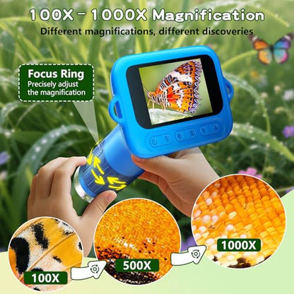Odatay 1000X Digital Kids Microscope Kit with 12 Slides & 2" Screen, Blue - color: Blue