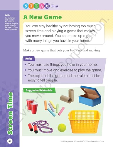 Evan-Moor Skill Sharpeners STEAM Workbook, Kindergarten, Science, Technology, Engineering, Art, Math, Hands On Activities, Helping Others, Collaboration, Solve Real World Problems, Puzzles, Homeschool