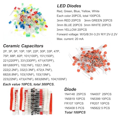 1400Pcs Electronic Component Kit, Capacitor Resistor LED Diode