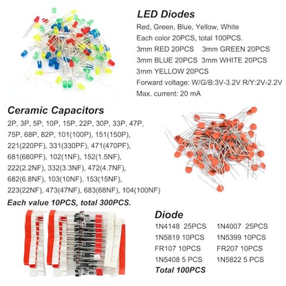 1400Pcs Electronic Component Kit, Capacitor Resistor LED Diode