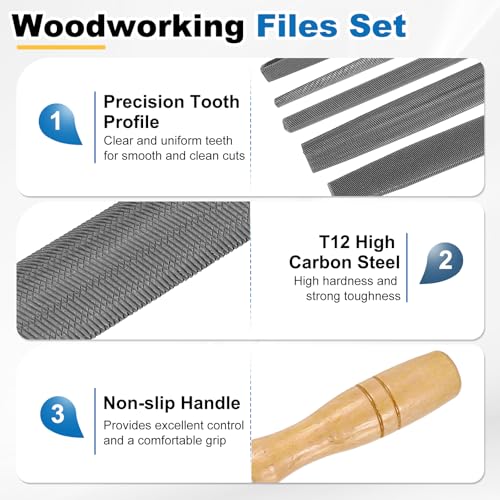 HARFINGTON 5pcs Metal File Set 6" Fine Teeth High Carbon Steel Hand Files with Wooden Handle Square/Flat/Triangle/Half-Round/Round for Metal Wood Stone Grinding Polishing Engraving