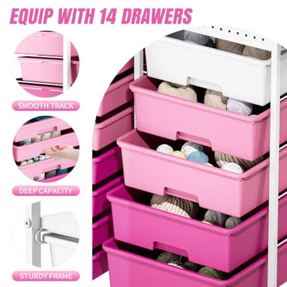 14 Drawer Rolling Storage Cart with Tabletop and Pegboard for Crafts Pink - color: Pink