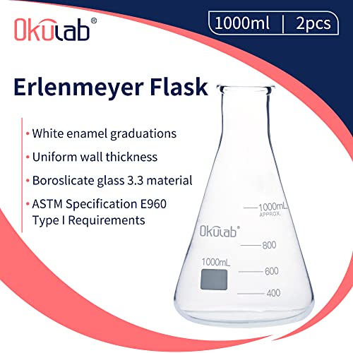 Conical Flask Set Glass Erlenmeyer Flasks, 2pcs of Vol.1000ml, Borosilicate 3.3 Glass Material with Printed Graduation, EFNG1000A2 - style: Vol.1000ml, pack of 2