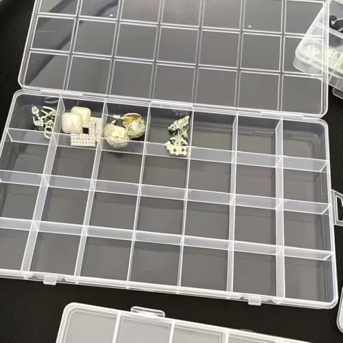 24-Compartment Transparent Plastic Storage Box—suitable for storing jewelry, beads, craft accessories, small parts, earrings, rings, screws, and various small items.