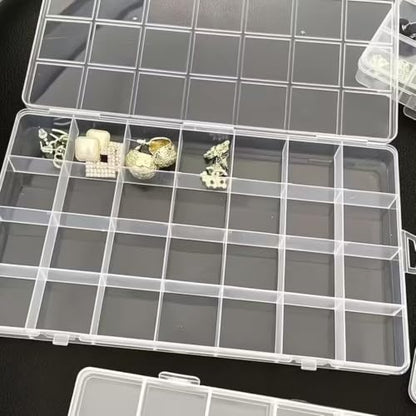 24-Compartment Transparent Plastic Storage Box—suitable for storing jewelry, beads, craft accessories, small parts, earrings, rings, screws, and various small items.