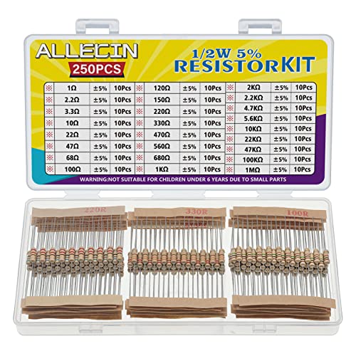 25 Values 1/2W Resistor Kit from 1 Ohm to 1M Ohm 1/2 Watt 5% Carbon Film Resistors Assortment - size: 1/2W