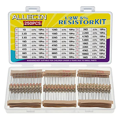 25 Values 1/2W Resistor Kit from 1 Ohm to 1M Ohm 1/2 Watt 5% Carbon Film Resistors Assortment - size: 1/2W
