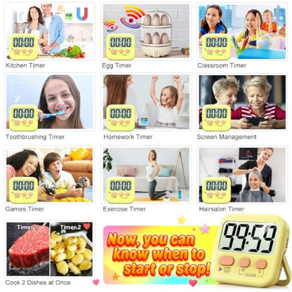 Antonki 2 Pack Digital Timer for Kids Classroom Kitchen Timers for Cooking - color: Yellow