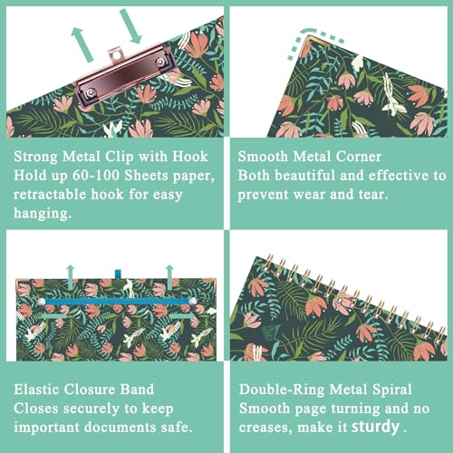 HAUTOCO Clipboard Folio with Refillable Notepad for Letter Size (11" x 8.5"), 5 Dividers with 10 Pockets, Elastic Pen Holder and File Folder Labels, Spiral Nurse Clipboard Artboard(Flower Bird) - color: Flower Bird