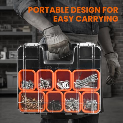 TACTIX Double-Sided Tool Organizer, Toolbox with 8-Storage Bins & 14 Adjustable Dividers & Transparent Lids, Portable Hardware Storage Box for Screws, Nuts, Fishing Accessories (Black&Orange) - style: Double Sided Tool Box