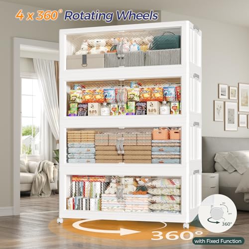 480QT Extra Large Stackable Storage Bins with Lid, 120Gal Plastic Closet Organizers and Storage Drawer, Collapsible Cabinet Box with Wheels Clear Doors for Home Kitchen Office, 3Pack White - size: 160QT