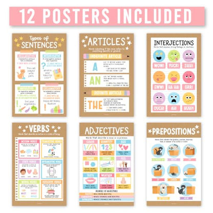 Parts of Speech Posters for Classroom Must Haves, 12 Grammar Posters - color: Kraft Pastel