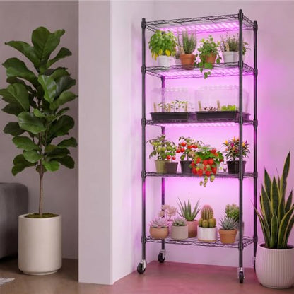 Indoor Greenhouse with Grow Light & 2 Observation Window - 5 Tier Seed Starting Rack, 4 Pack 48W Full Spectrum Grow Lights with Timer, 3 Modes & 7 Dimmable Levels, 22x11.8x61 Inches