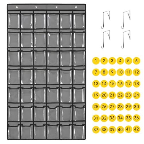 SAVERHO 42 Pocket Classroom Pocket Chart for Cell Phones and Calculator,Clear Cellphone Pocket Chart for Classroom with Number Sticker and hooks (Grey-42 Pockets) - color: Grey-1pack of 42pockets