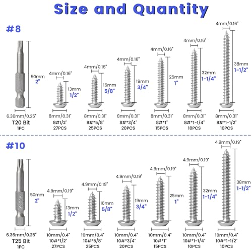 214Pcs #8#10 Button Head Torx Security Sheet Metal Screws (Length 1/2” 5/8'' 3/4'' 1" 1-1/4'' 1-1/2”), Stainless Steel Tamper Resistant Self Tapping Screws, Anti-Theft Screws with Bit T20 T25 - size: A. #8#10