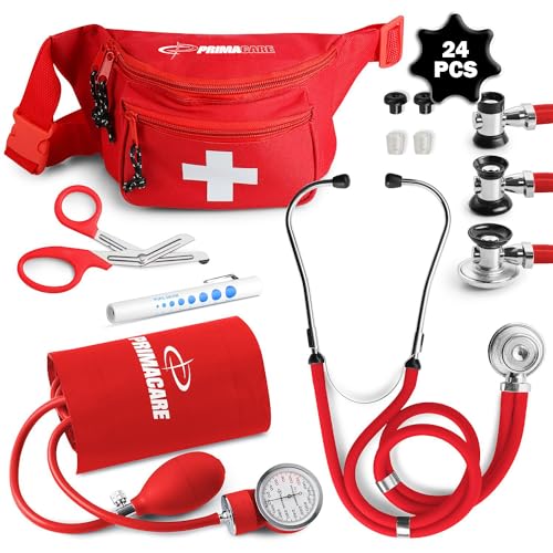 Primacare CSKB-9181-RD Blood Pressure Kit with Sprague Rappaport Stethoscope, Professional Series Fanny Pack Combo, Red (Pack of 24)